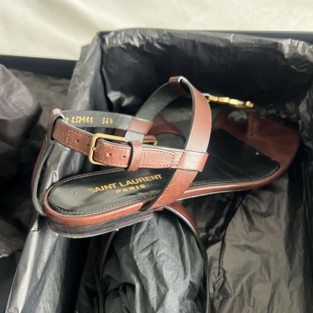 Saint Laurent Brown Sandals with Gold Logo - Picture 3 of 12
